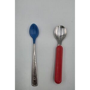 2 Vtg The First Years‎ Baby Spoons Silicone  Melamine Stainless Steel Red & Blue